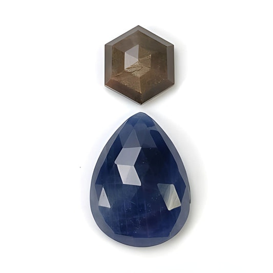 blue sapphire pear, hexagon rose cut