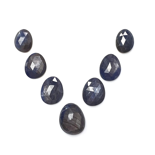 Blue, Silver Sheen Sapphire Gemstone Rose Cut Slices: 37.70cts Natural Untreated Sapphire Egg Shape 11*9mm - 15.5*13mm 7pcs Lot for Jewelry