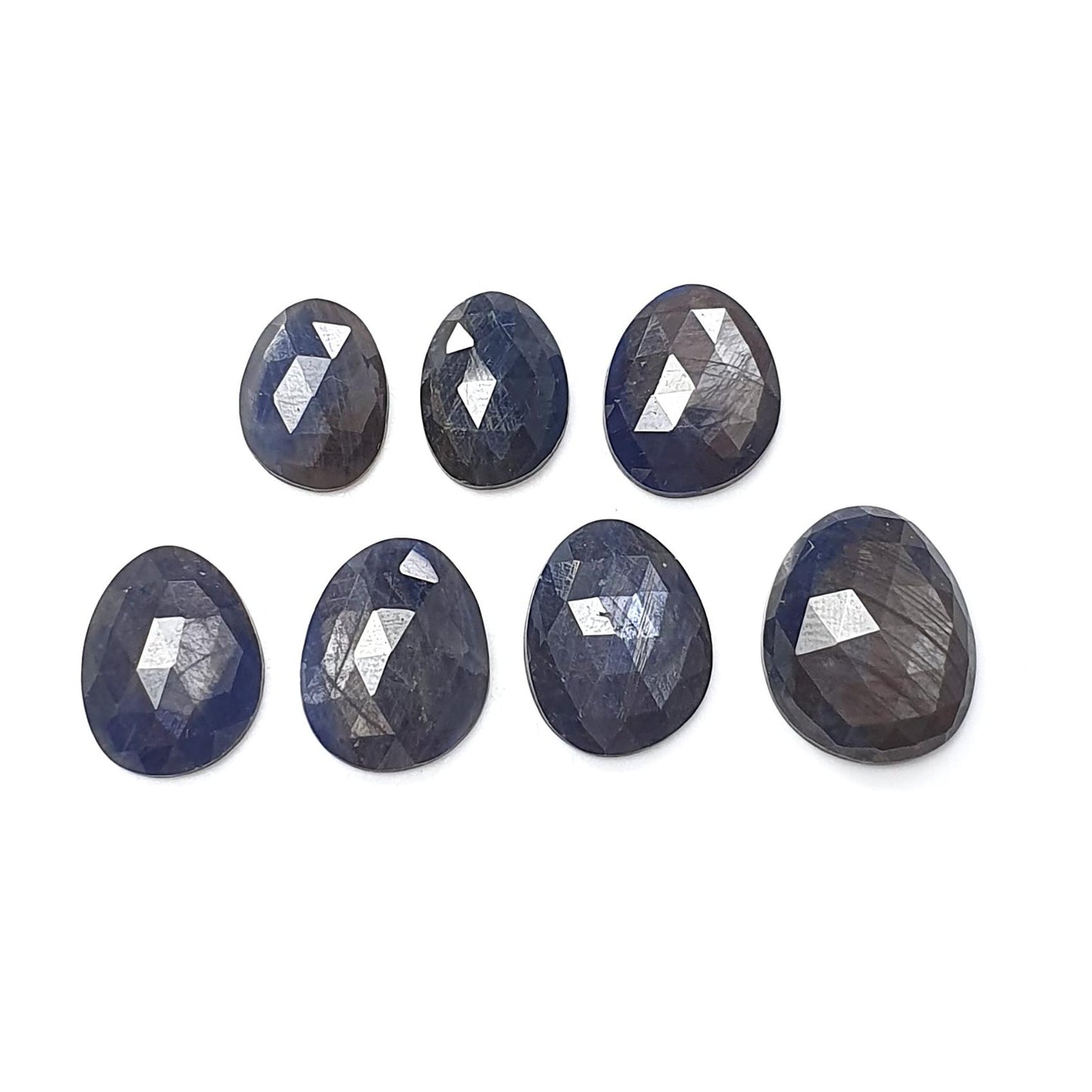 Blue, Silver Sheen Sapphire Gemstone Rose Cut Slices: 37.70cts Natural Untreated Sapphire Egg Shape 11*9mm - 15.5*13mm 7pcs Lot for Jewelry