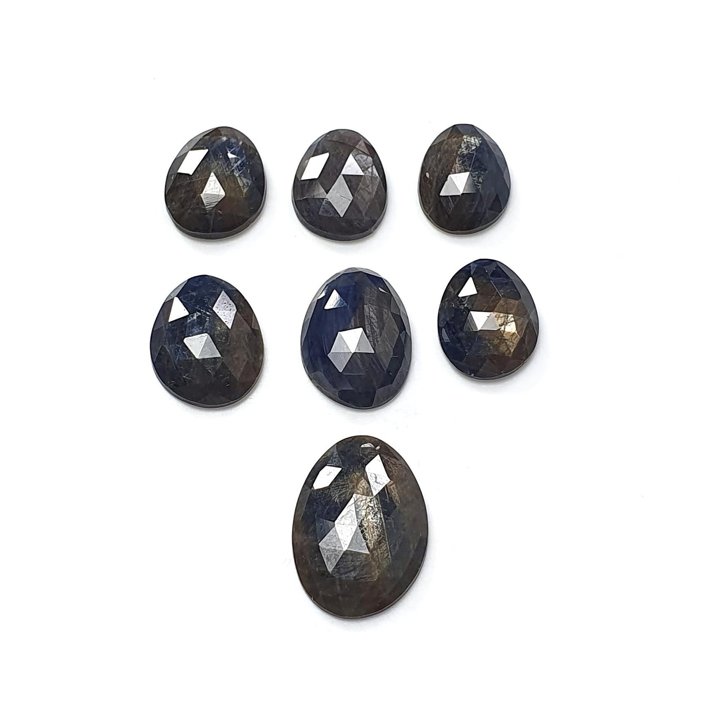 Blue, Golden Sheen Sapphire Gemstone Rose Cut Slices: 53.20cts Natural Untreated Sapphire Egg Shape 14*11mm - 20*14mm 7pcs Lot for Jewelry