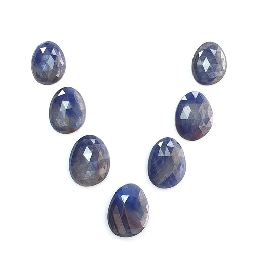 Blue, Silver Sheen Sapphire Gemstone Rose Cut Slices: 70.00cts Natural Untreated Sapphire Egg Shape 15.5*12mm - 19*15mm 7pcs Lot for Jewelry