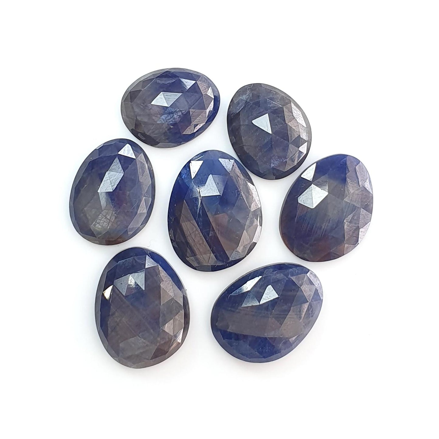 Blue, Silver Sheen Sapphire Gemstone Rose Cut Slices: 70.00cts Natural Untreated Sapphire Egg Shape 15.5*12mm - 19*15mm 7pcs Lot for Jewelry