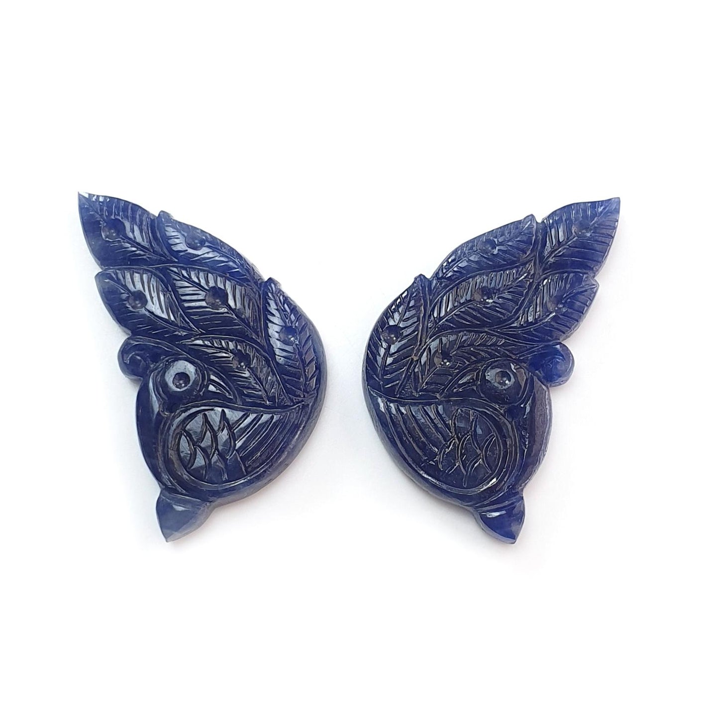 Blue Sapphire Gemstone Butterfly Carving: 103.00cts Natural Untreated Sapphire Hand Carved Peacock 39*22mm Pair September Birthstone