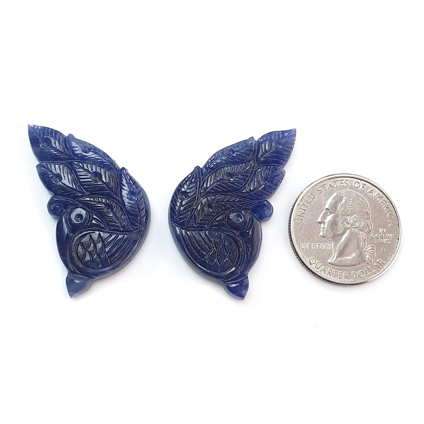 Blue Sapphire Gemstone Butterfly Carving: 103.00cts Natural Untreated Sapphire Hand Carved Peacock 39*22mm Pair September Birthstone