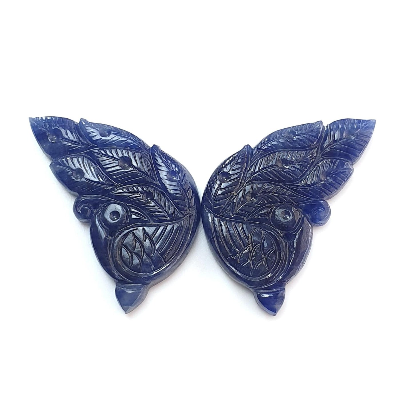 Blue Sapphire Gemstone Butterfly Carving: 103.00cts Natural Untreated Sapphire Hand Carved Peacock 39*22mm Pair September Birthstone