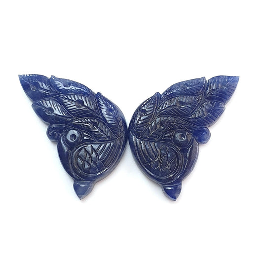 Blue Sapphire Gemstone Butterfly Carving: 103.00cts Natural Untreated Sapphire Hand Carved Peacock 39*22mm Pair September Birthstone