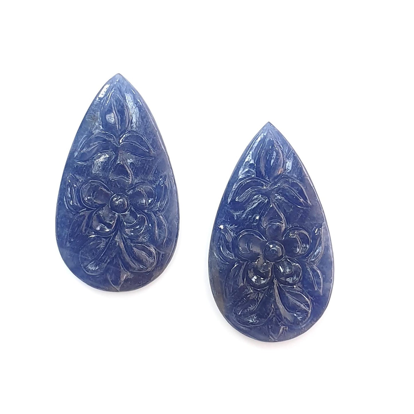 Blue Sapphire Gemstone Carving: 40.60cts Natural Untreated Sapphire Hand Carved Pear Shape 31*17mm Pair September Birthstone