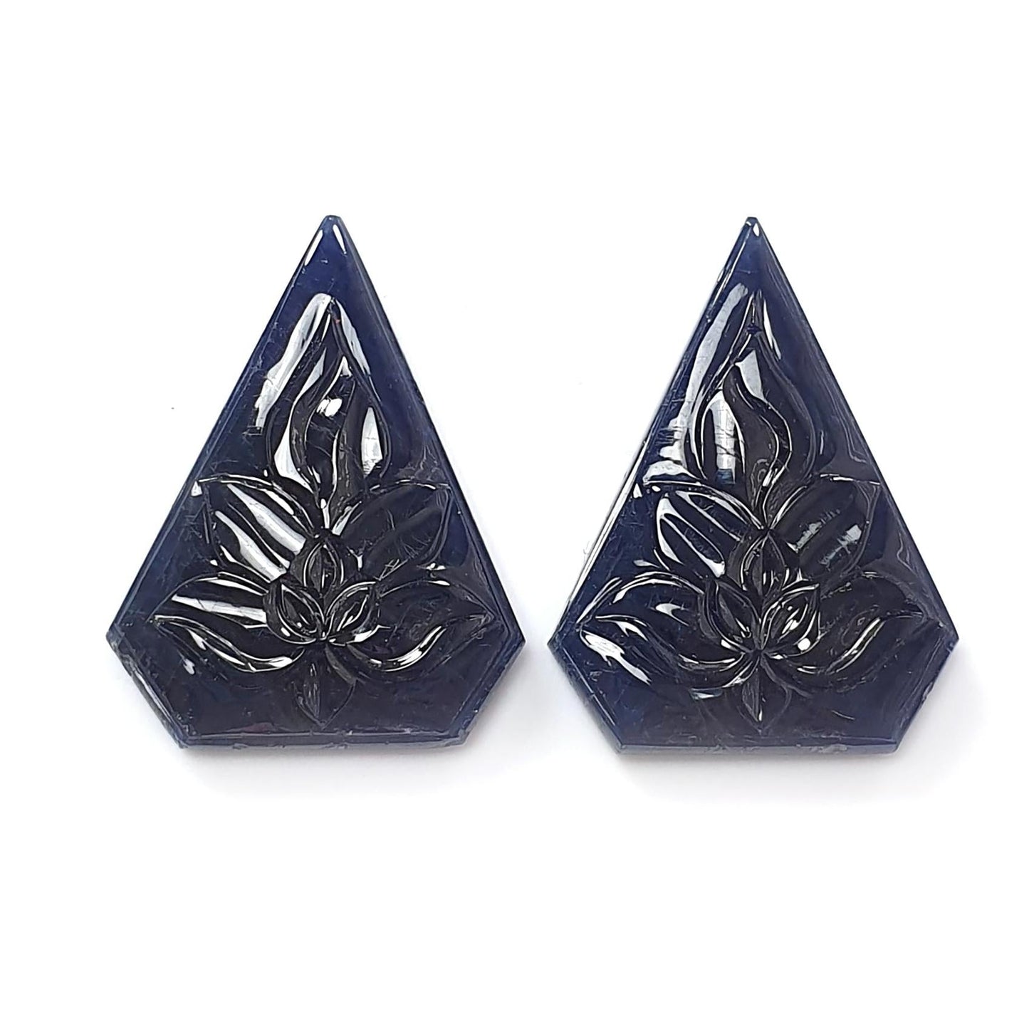 Dark Blue Sapphire Gemstone Carving: 44.60cts Natural Untreated Unheated Sapphire Hand Carved Fancy Shape 26*18mm Pair