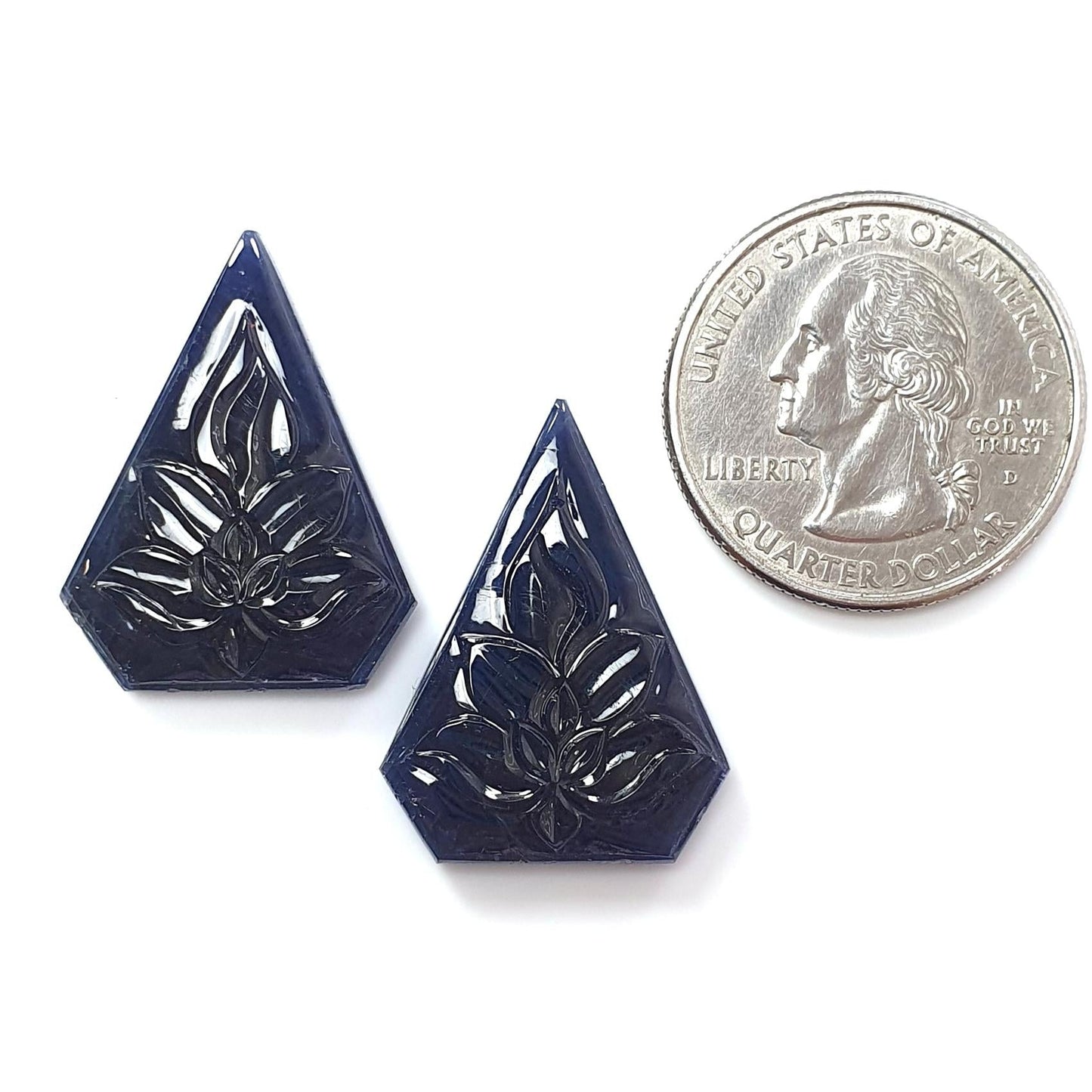 Dark Blue Sapphire Gemstone Carving: 44.60cts Natural Untreated Unheated Sapphire Hand Carved Fancy Shape 26*18mm Pair