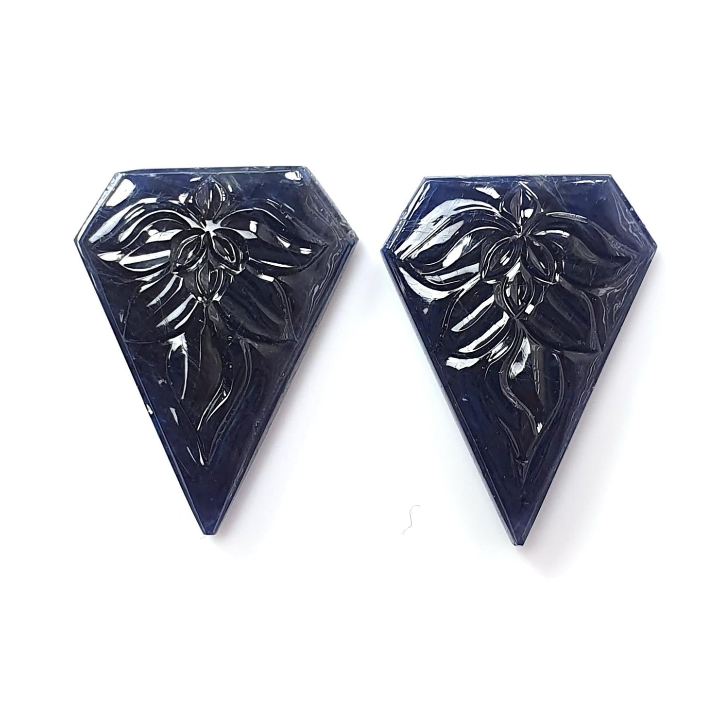 Dark Blue Sapphire Gemstone Carving: 44.60cts Natural Untreated Unheated Sapphire Hand Carved Fancy Shape 26*18mm Pair