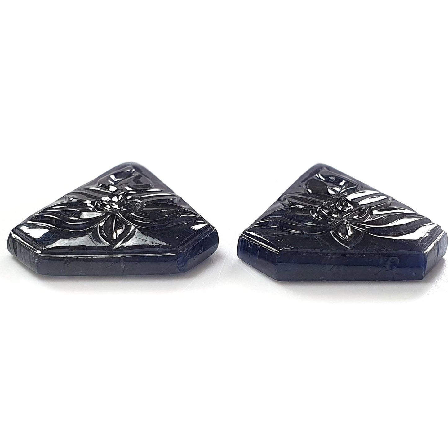 Dark Blue Sapphire Gemstone Carving: 44.60cts Natural Untreated Unheated Sapphire Hand Carved Fancy Shape 26*18mm Pair
