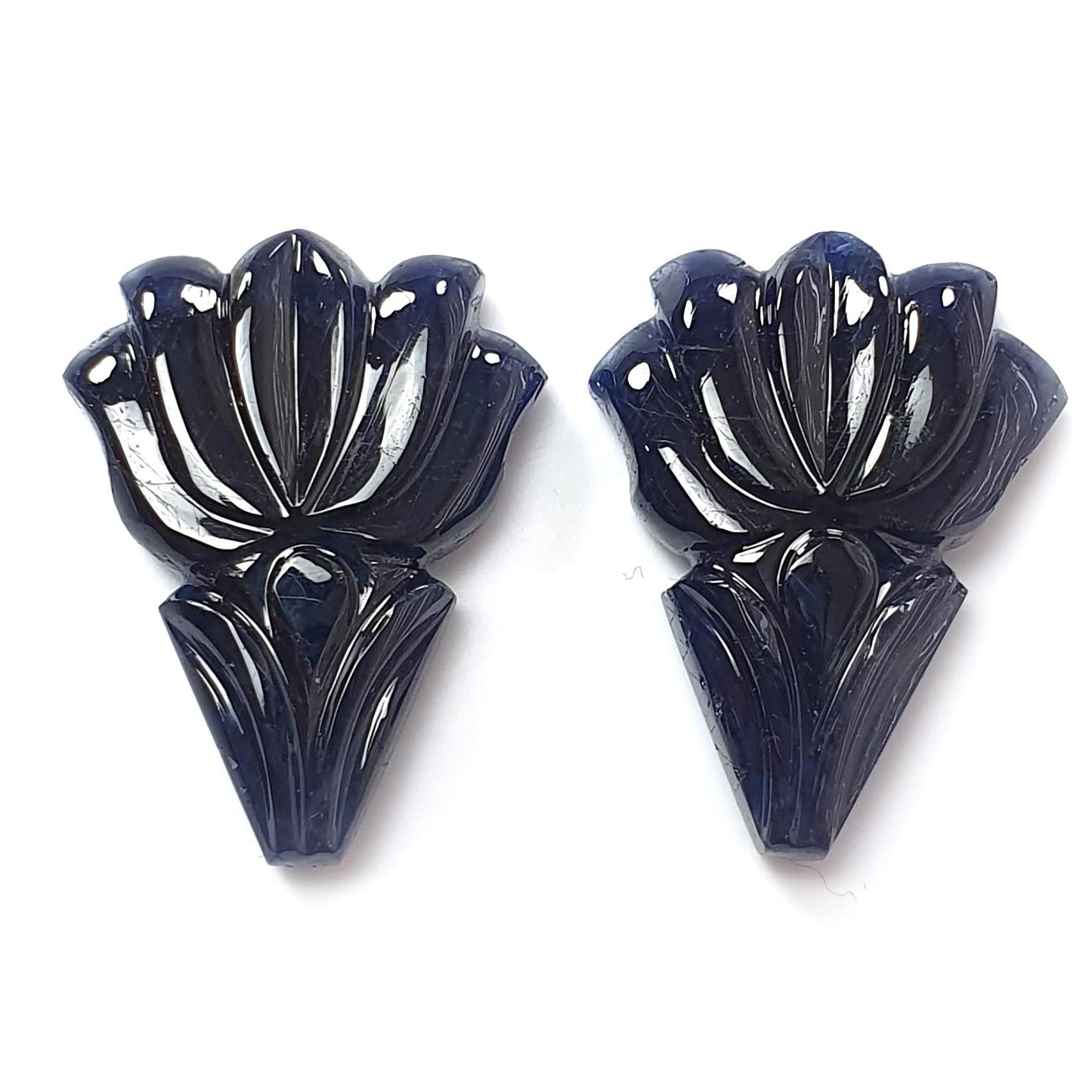 Dark Blue Sapphire Gemstone Carving: 49.40cts Natural Untreated Unheated Sapphire Hand Carved Fancy Shape 25*18mm Pair