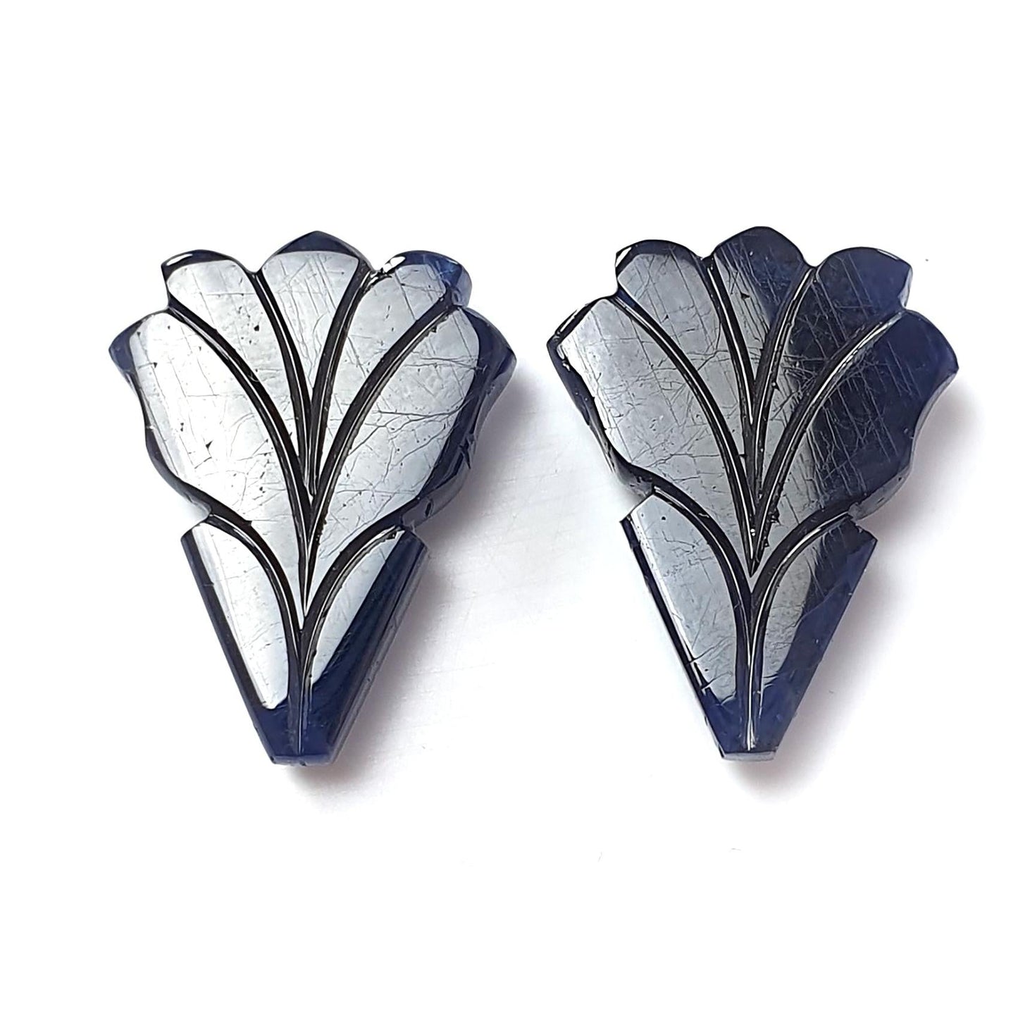 Dark Blue Sapphire Gemstone Carving: 49.40cts Natural Untreated Unheated Sapphire Hand Carved Fancy Shape 25*18mm Pair