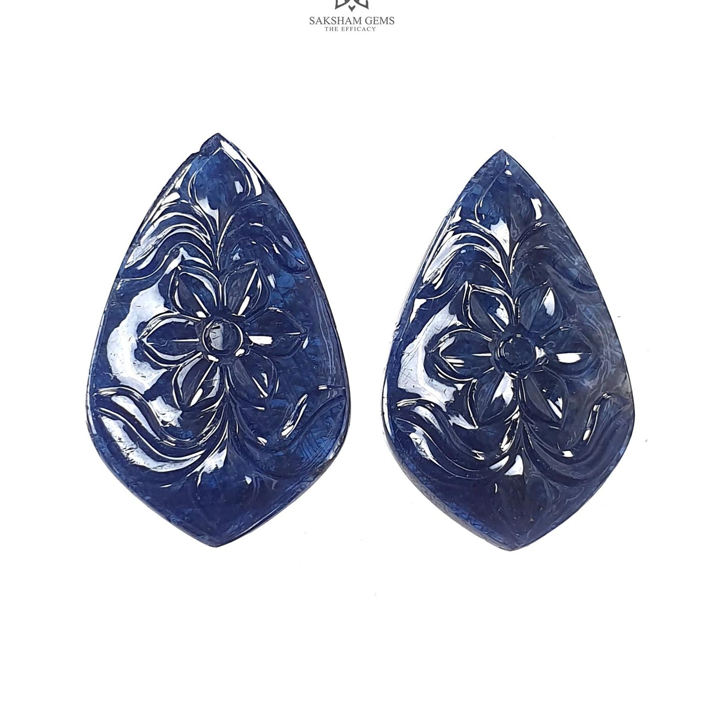 Dark Blue Sapphire Gemstone Carving: 61.60cts Natural Untreated Unheated Sapphire Hand Carved Fancy Shape 31*19mm Pair