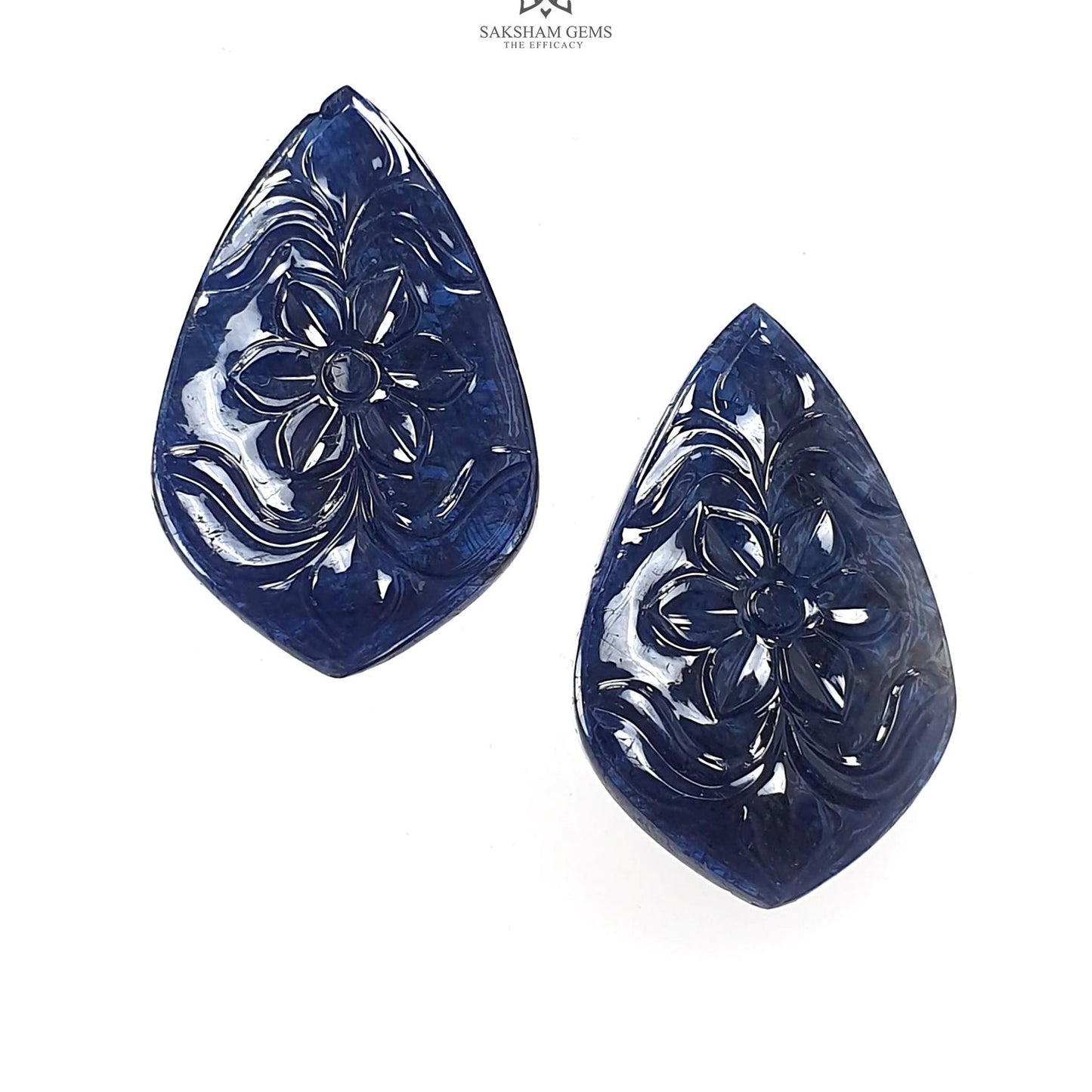 Dark Blue Sapphire Gemstone Carving: 61.60cts Natural Untreated Unheated Sapphire Hand Carved Fancy Shape 31*19mm Pair