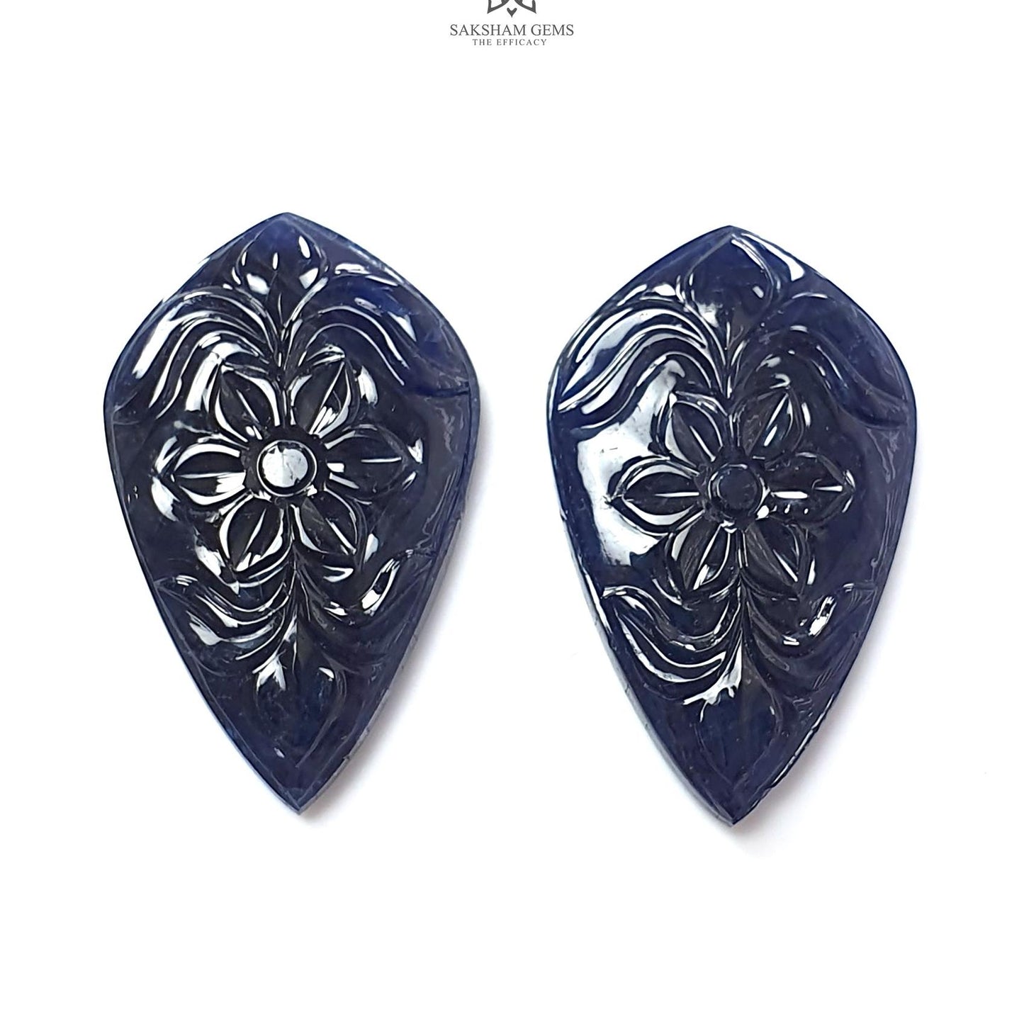 Dark Blue Sapphire Gemstone Carving: 61.60cts Natural Untreated Unheated Sapphire Hand Carved Fancy Shape 31*19mm Pair