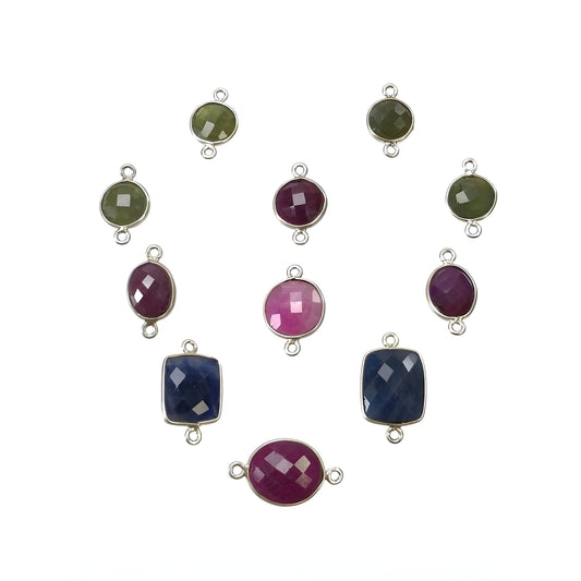 10.95gms Multi Sapphire, Ruby Gemstone Checker Cut Briolette 925 Sterling Silver Connector 11pcs