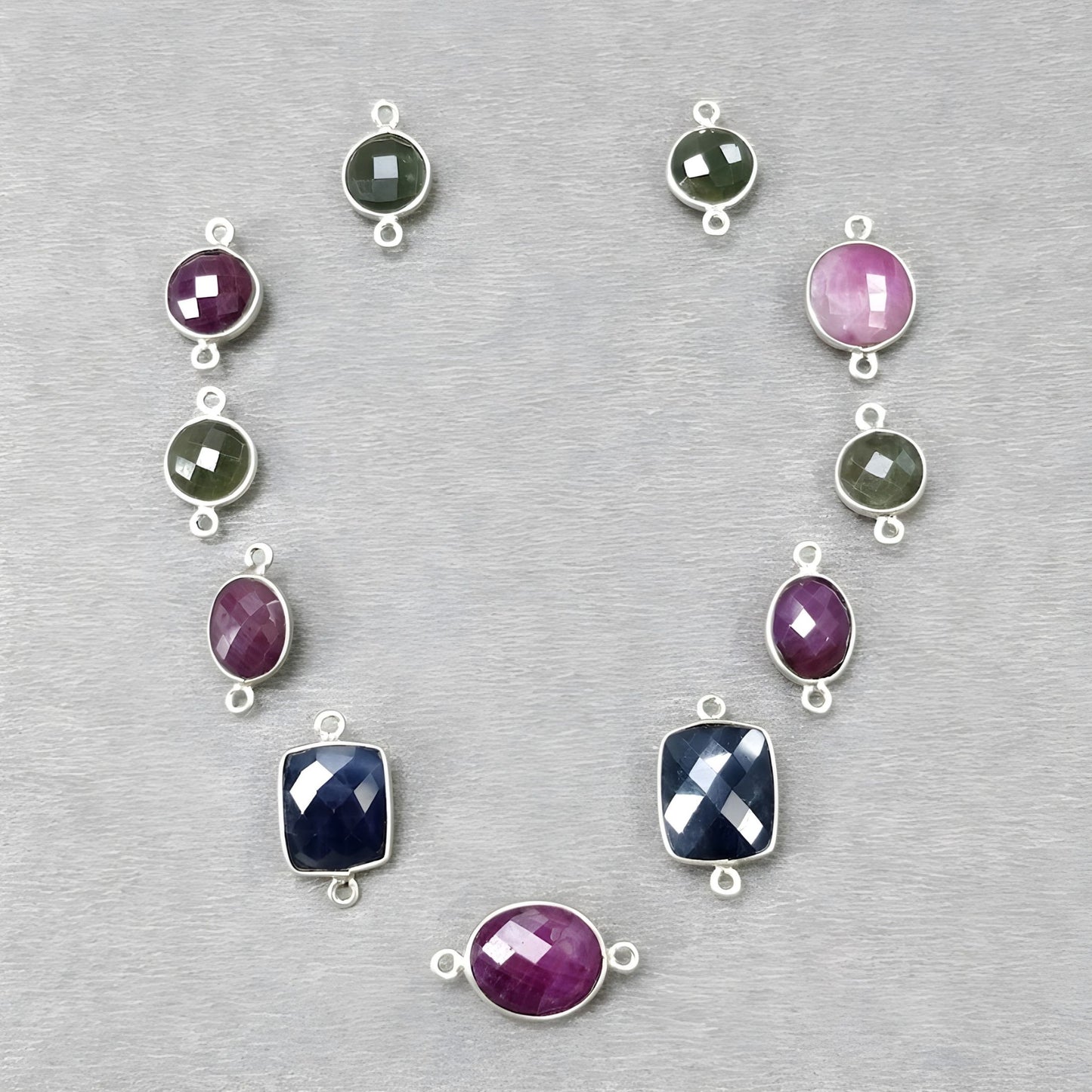 10.95gms Multi Sapphire, Ruby Gemstone Checker Cut Briolette 925 Sterling Silver Connector 11pcs