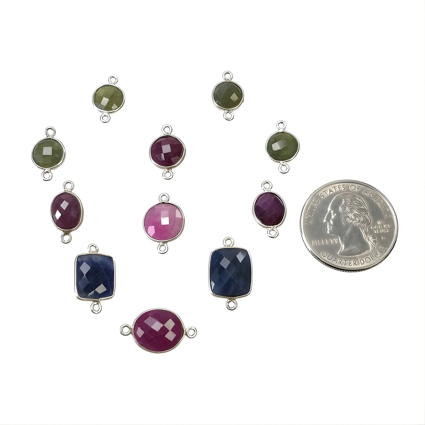 10.95gms Multi Sapphire, Ruby Gemstone Checker Cut Briolette 925 Sterling Silver Connector 11pcs