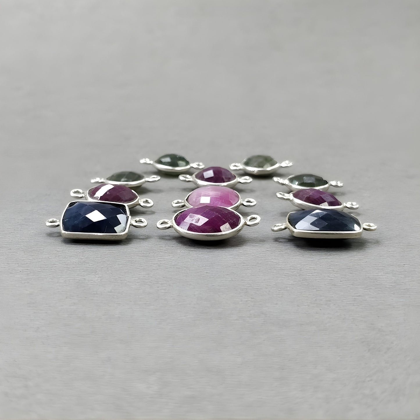 10.95gms Multi Sapphire, Ruby Gemstone Checker Cut Briolette 925 Sterling Silver Connector 11pcs