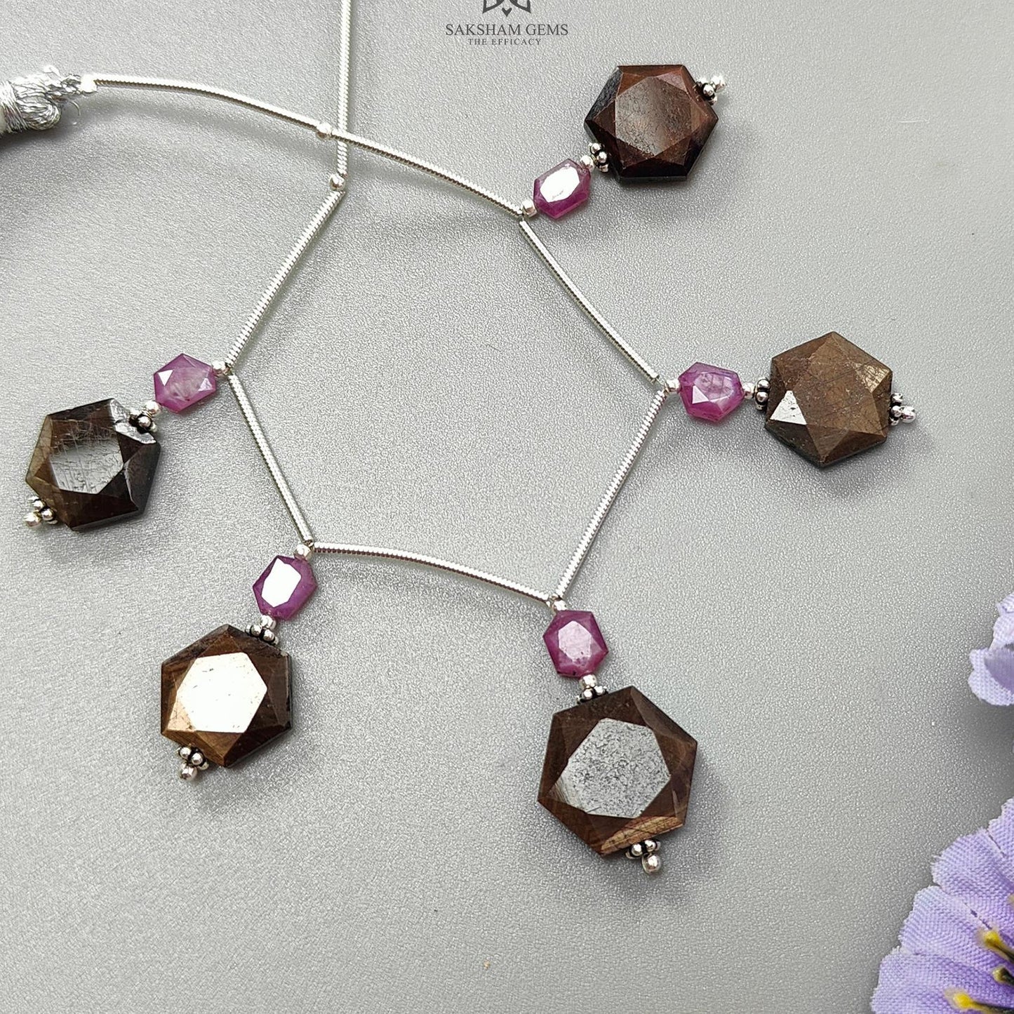 Golden Sapphire & Ruby Faceted Loose Beads: Natural Untreated Sapphire Raspberry Pink Ruby Fancy Cut Hexagon Shape 925 Sterling Silver Beads