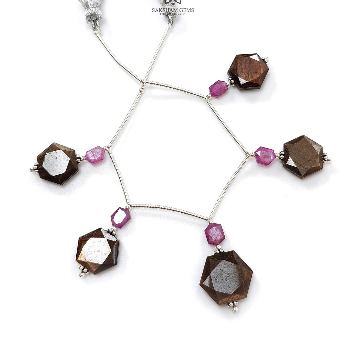 Golden Sapphire & Ruby Faceted Loose Beads: Natural Untreated Sapphire Raspberry Pink Ruby Fancy Cut Hexagon Shape 925 Sterling Silver Beads