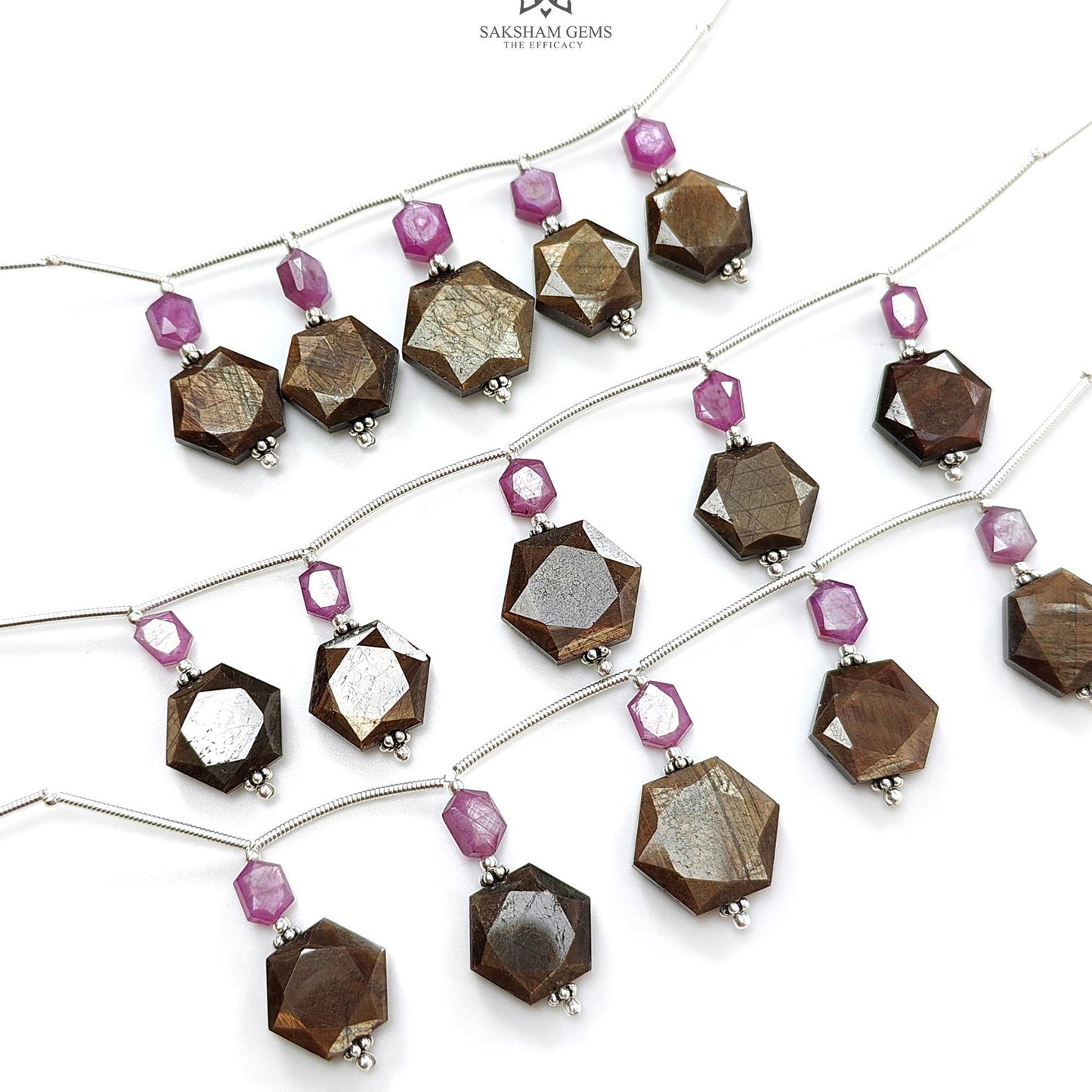 Golden Sapphire & Ruby Faceted Loose Beads: Natural Untreated Sapphire Raspberry Pink Ruby Fancy Cut Hexagon Shape 925 Sterling Silver Beads