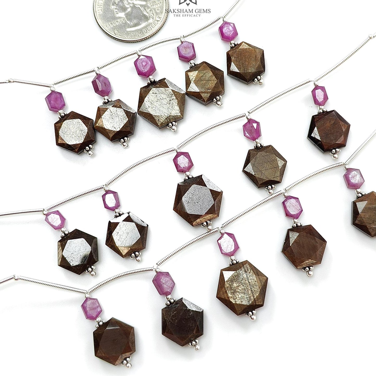 Golden Sapphire & Ruby Faceted Loose Beads: Natural Untreated Sapphire Raspberry Pink Ruby Fancy Cut Hexagon Shape 925 Sterling Silver Beads