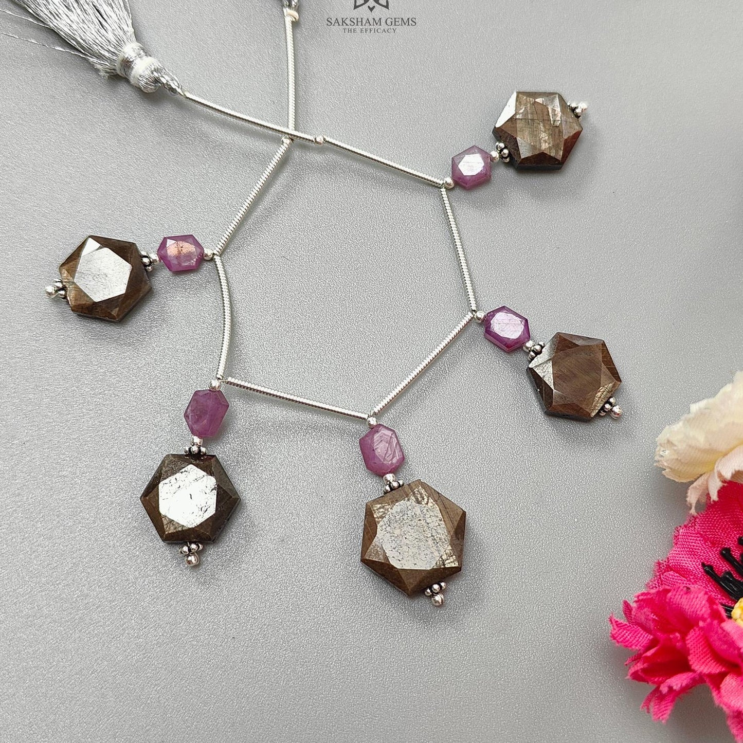 Golden Sapphire & Ruby Faceted Loose Beads: Natural Untreated Sapphire Raspberry Pink Ruby Fancy Cut Hexagon Shape 925 Sterling Silver Beads