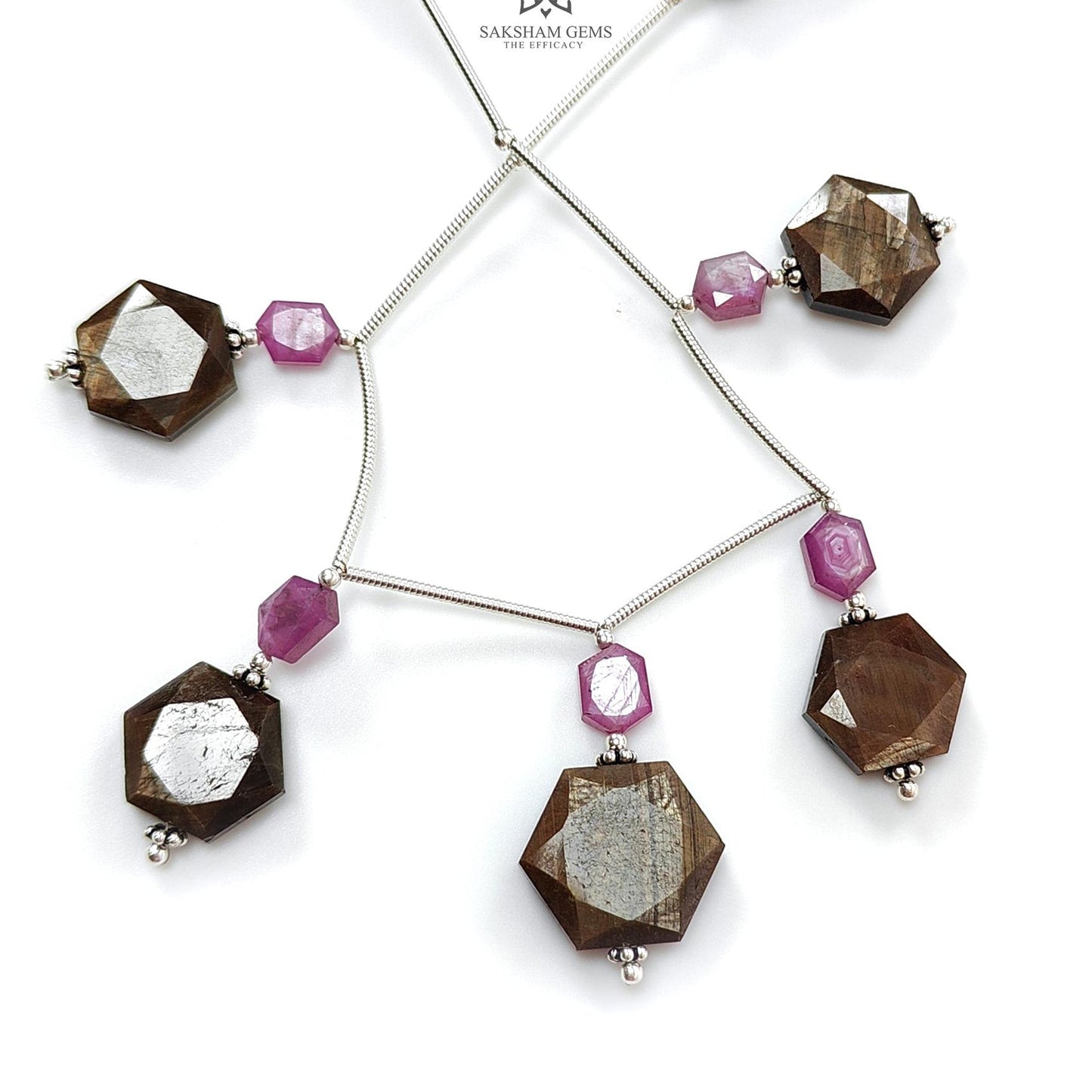 Golden Sapphire & Ruby Faceted Loose Beads: Natural Untreated Sapphire Raspberry Pink Ruby Fancy Cut Hexagon Shape 925 Sterling Silver Beads