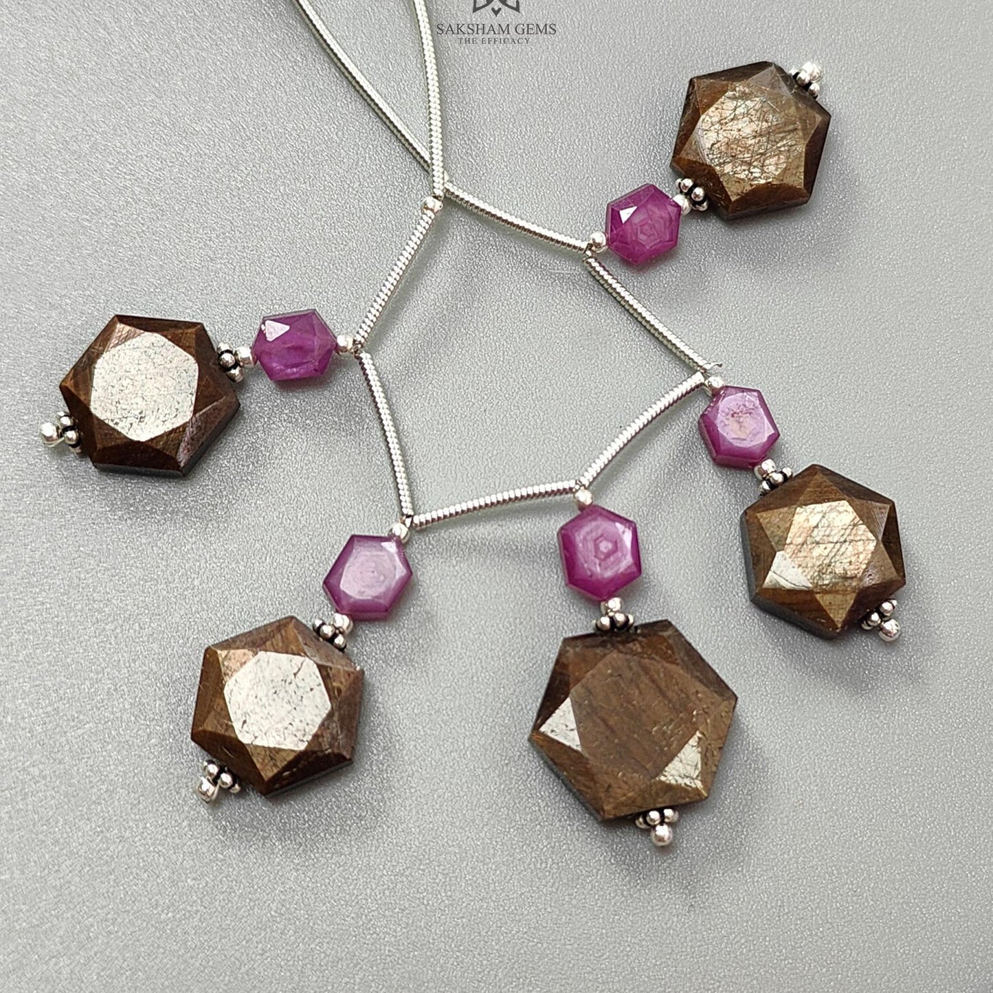 Golden Sapphire & Ruby Faceted Loose Beads: Natural Untreated Sapphire Raspberry Pink Ruby Fancy Cut Hexagon Shape 925 Sterling Silver Beads