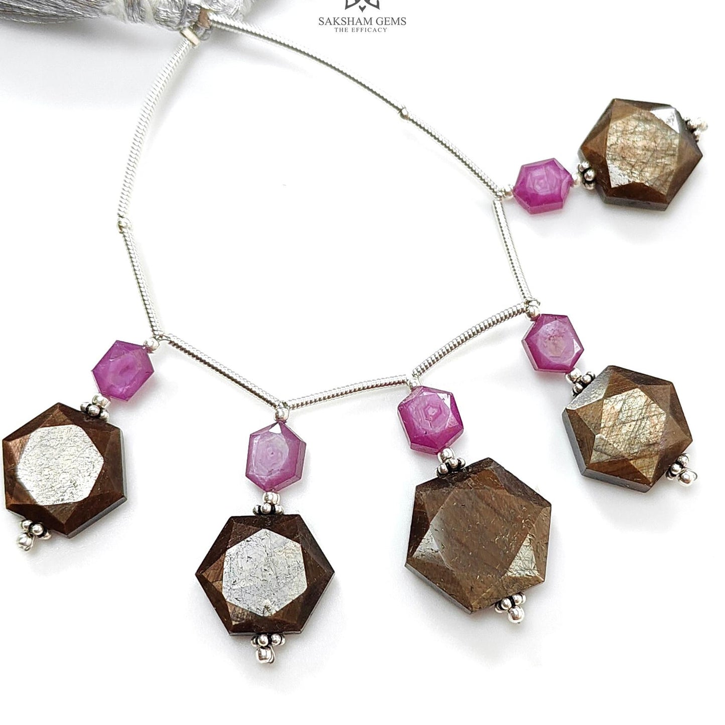 Golden Sapphire & Ruby Faceted Loose Beads: Natural Untreated Sapphire Raspberry Pink Ruby Fancy Cut Hexagon Shape 925 Sterling Silver Beads