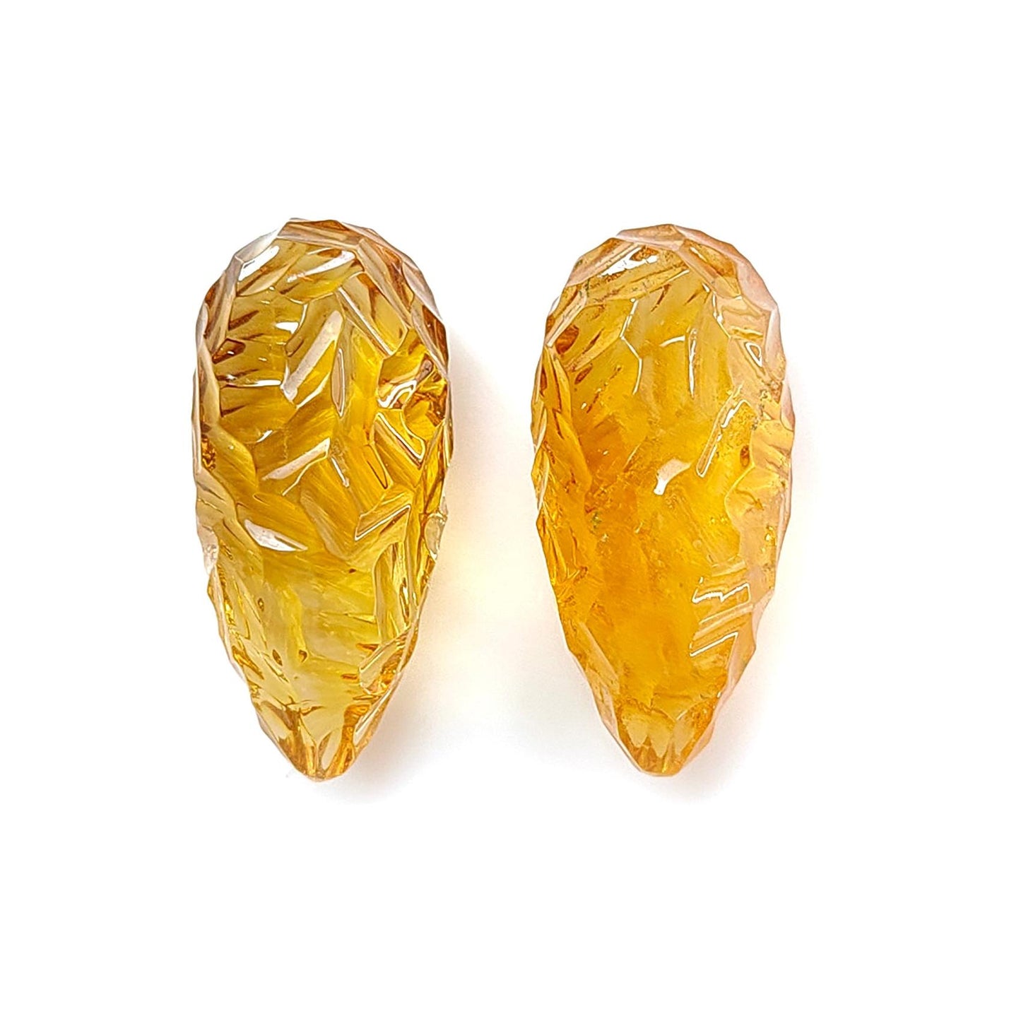 Citrine Gemstone Carving: 43.40cts Natural Untreated Unheated Yellow Citrine Hand Carved Teardrops Shape 25mm Pair November Birthstone