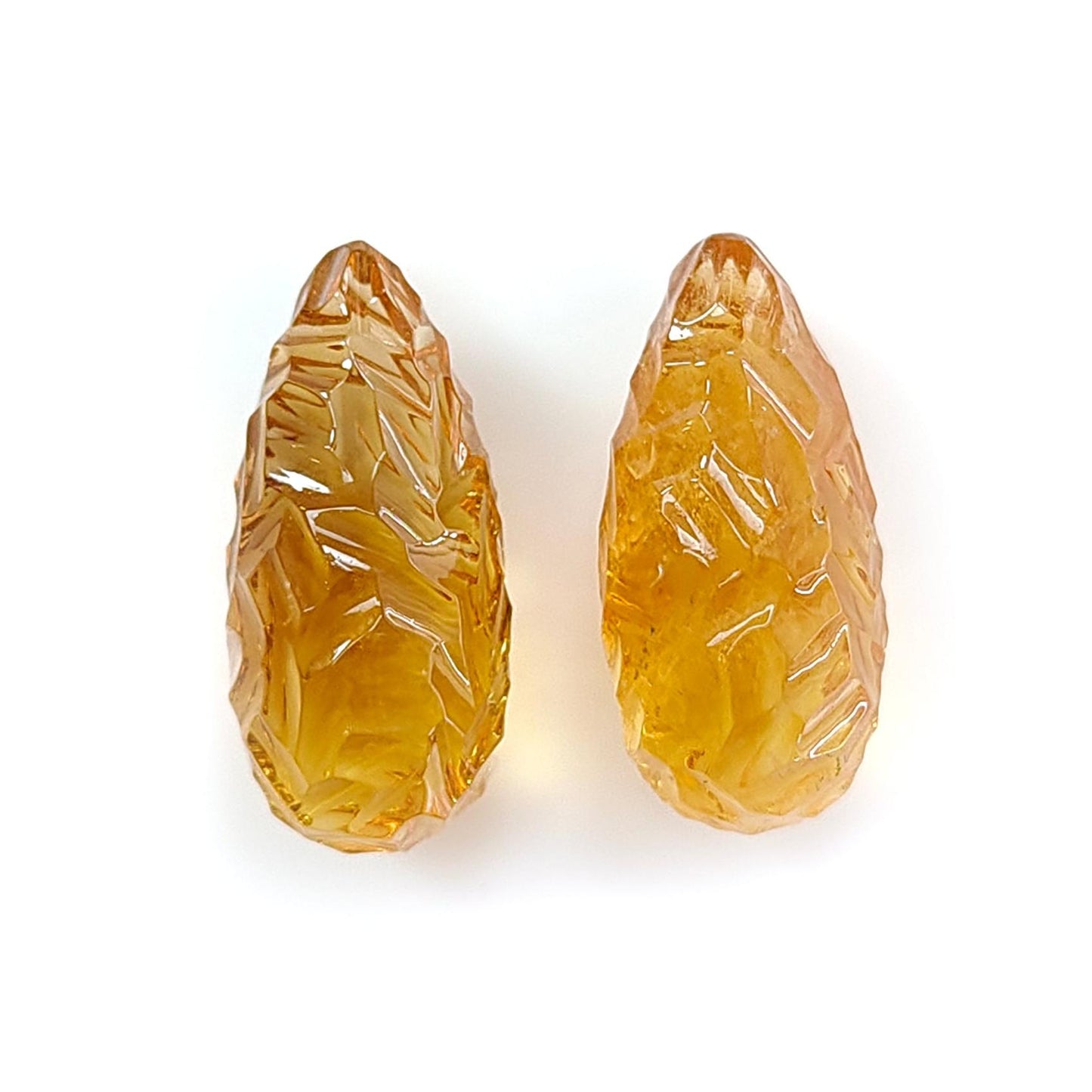Citrine Gemstone Carving: 43.40cts Natural Untreated Unheated Yellow Citrine Hand Carved Teardrops Shape 25mm Pair November Birthstone