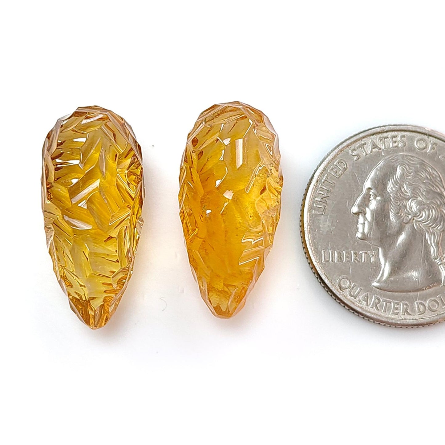 Citrine Gemstone Carving: 43.40cts Natural Untreated Unheated Yellow Citrine Hand Carved Teardrops Shape 25mm Pair November Birthstone