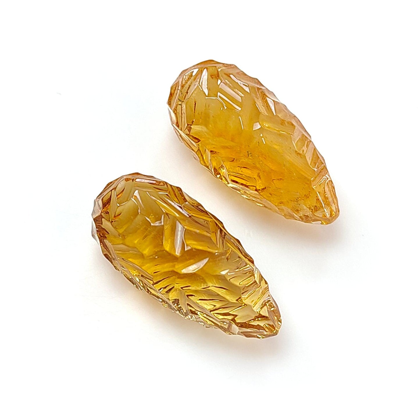 Citrine Gemstone Carving: 43.40cts Natural Untreated Unheated Yellow Citrine Hand Carved Teardrops Shape 25mm Pair November Birthstone