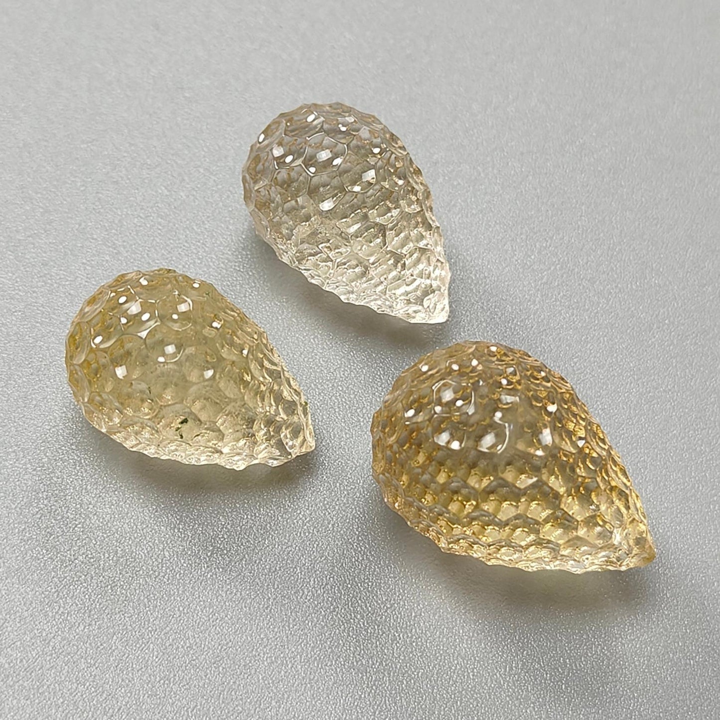 Citrine Gemstone Carving: 66.90cts Natural Untreated Yellow Citrine Hand Carved Teardrops Shape 20mm - 23mm 3pcs Set November Birthstone