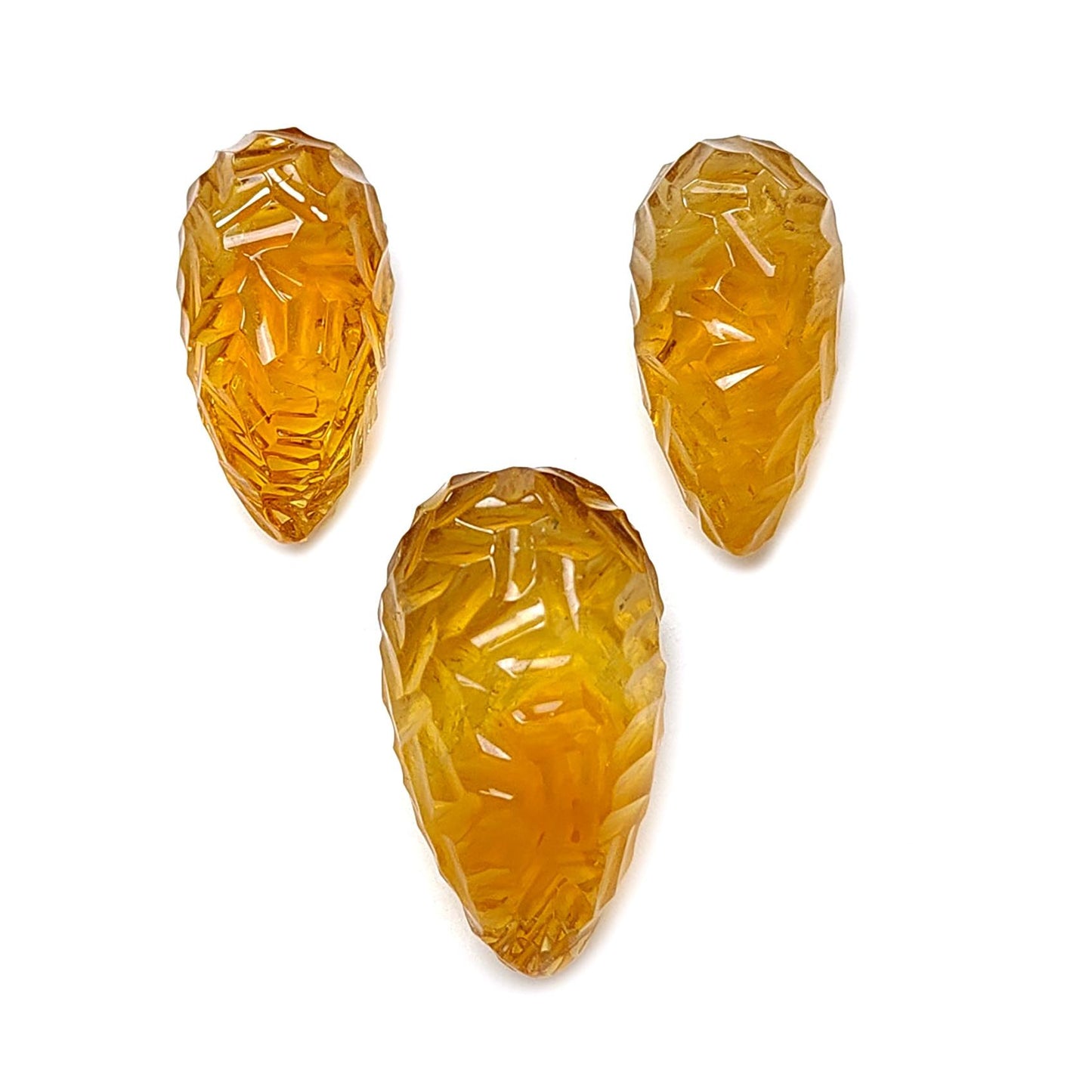 Citrine Gemstone Carving: 84.70cts Natural Untreated Yellow Citrine Hand Carved Teardrops Shape 24mm - 27mm 3pcs Set November Birthstone