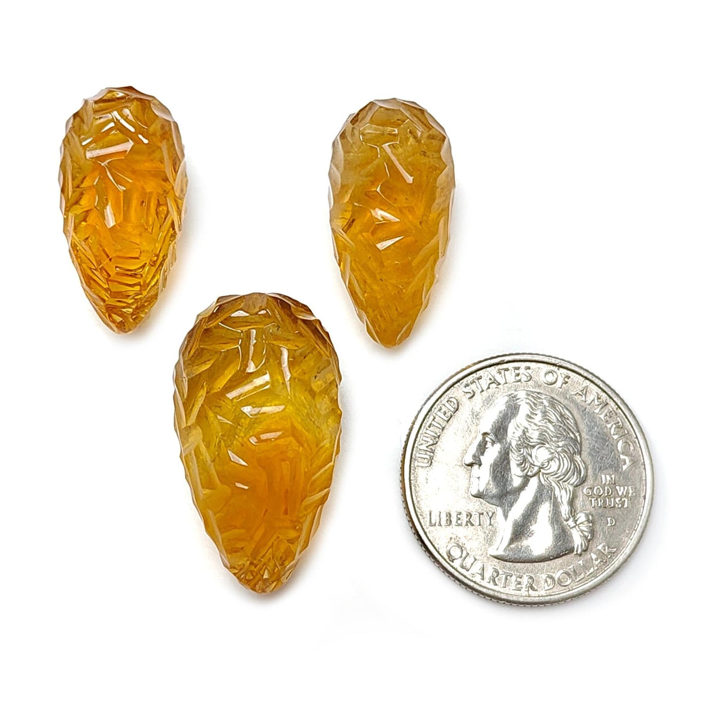 Citrine Gemstone Carving: 84.70cts Natural Untreated Yellow Citrine Hand Carved Teardrops Shape 24mm - 27mm 3pcs Set November Birthstone