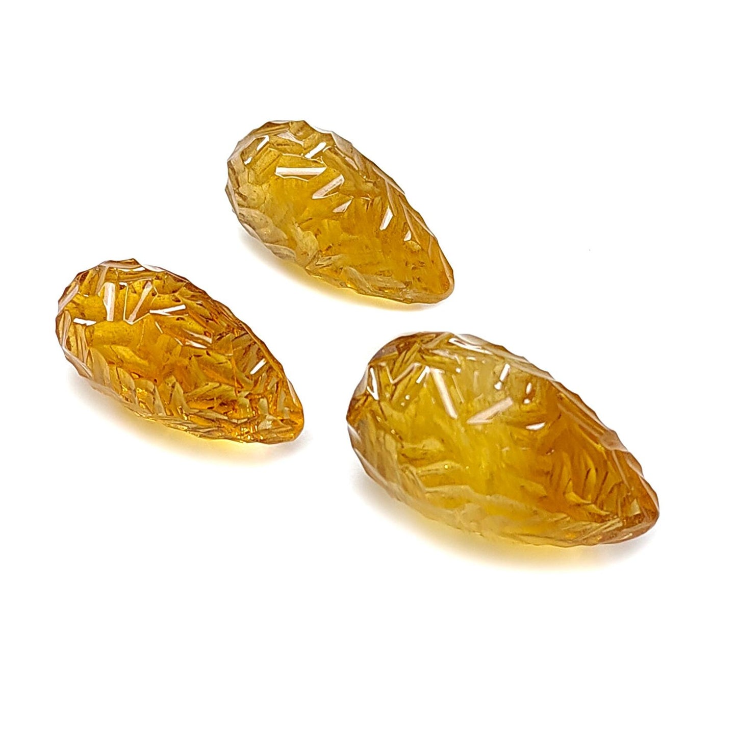Citrine Gemstone Carving: 84.70cts Natural Untreated Yellow Citrine Hand Carved Teardrops Shape 24mm - 27mm 3pcs Set November Birthstone