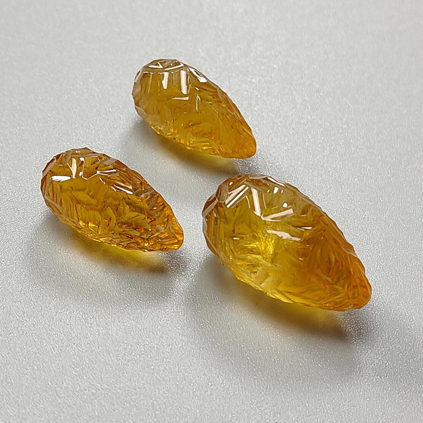 Citrine Gemstone Carving: 84.70cts Natural Untreated Yellow Citrine Hand Carved Teardrops Shape 24mm - 27mm 3pcs Set November Birthstone