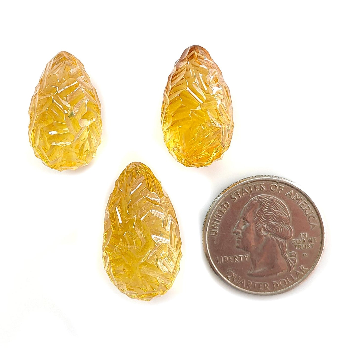 Citrine Gemstone Carving: 89.00cts Natural Untreated Yellow Citrine Hand Carved Teardrops Shape 22mm - 26mm 3pcs Set November Birthstone