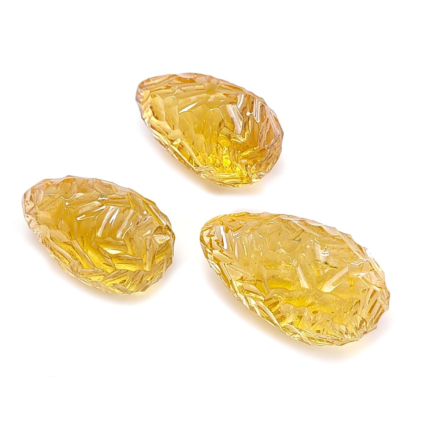 Citrine Gemstone Carving: 89.00cts Natural Untreated Yellow Citrine Hand Carved Teardrops Shape 22mm - 26mm 3pcs Set November Birthstone