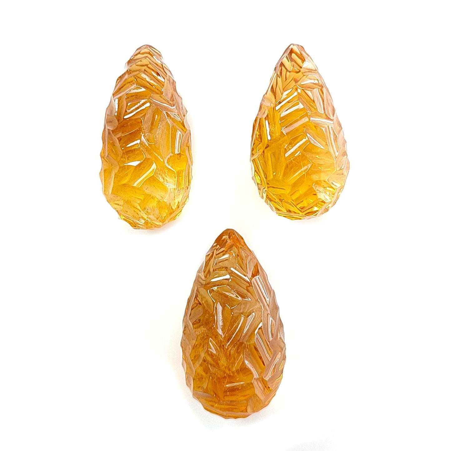 Citrine Gemstone Carving: 100.00cts Natural Untreated Yellow Citrine Hand Carved Teardrops Shape 26mm - 27mm 3pcs Set November Birthstone