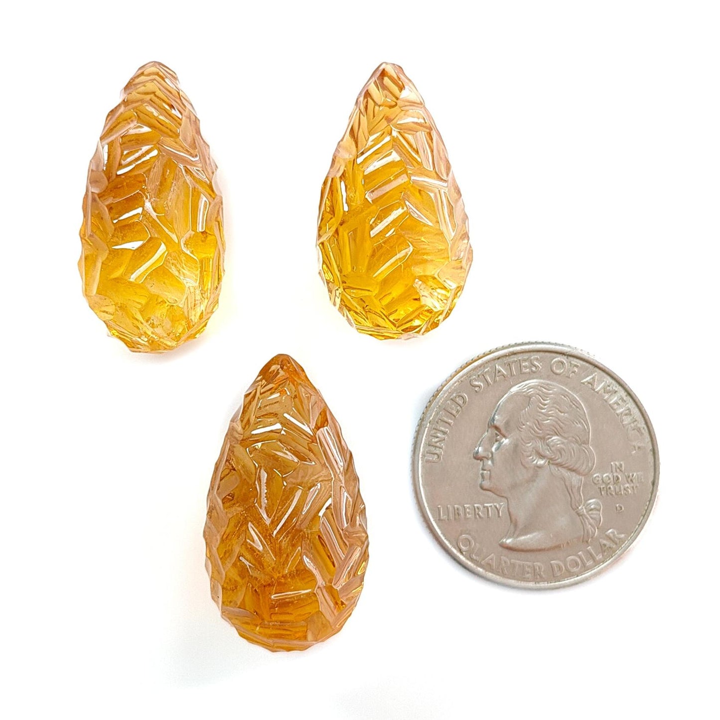 Citrine Gemstone Carving: 100.00cts Natural Untreated Yellow Citrine Hand Carved Teardrops Shape 26mm - 27mm 3pcs Set November Birthstone