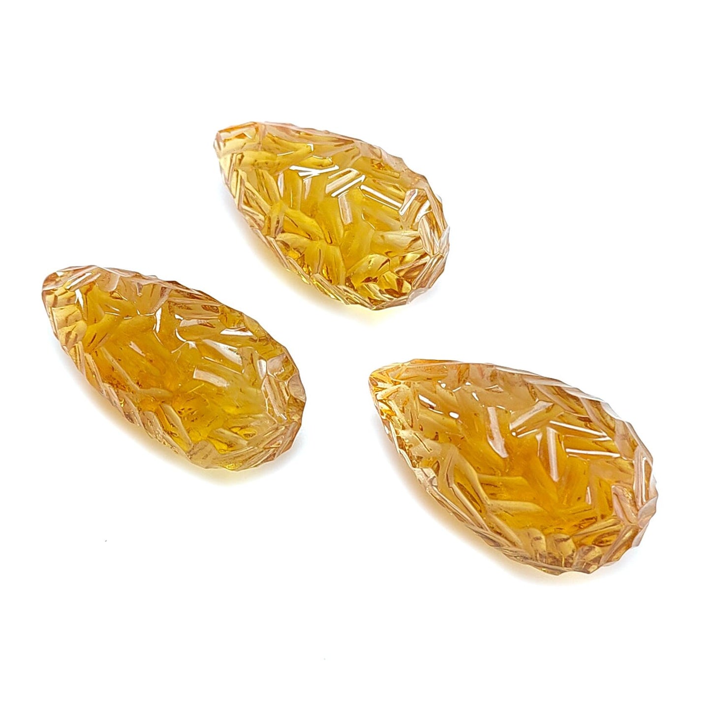 Citrine Gemstone Carving: 100.00cts Natural Untreated Yellow Citrine Hand Carved Teardrops Shape 26mm - 27mm 3pcs Set November Birthstone