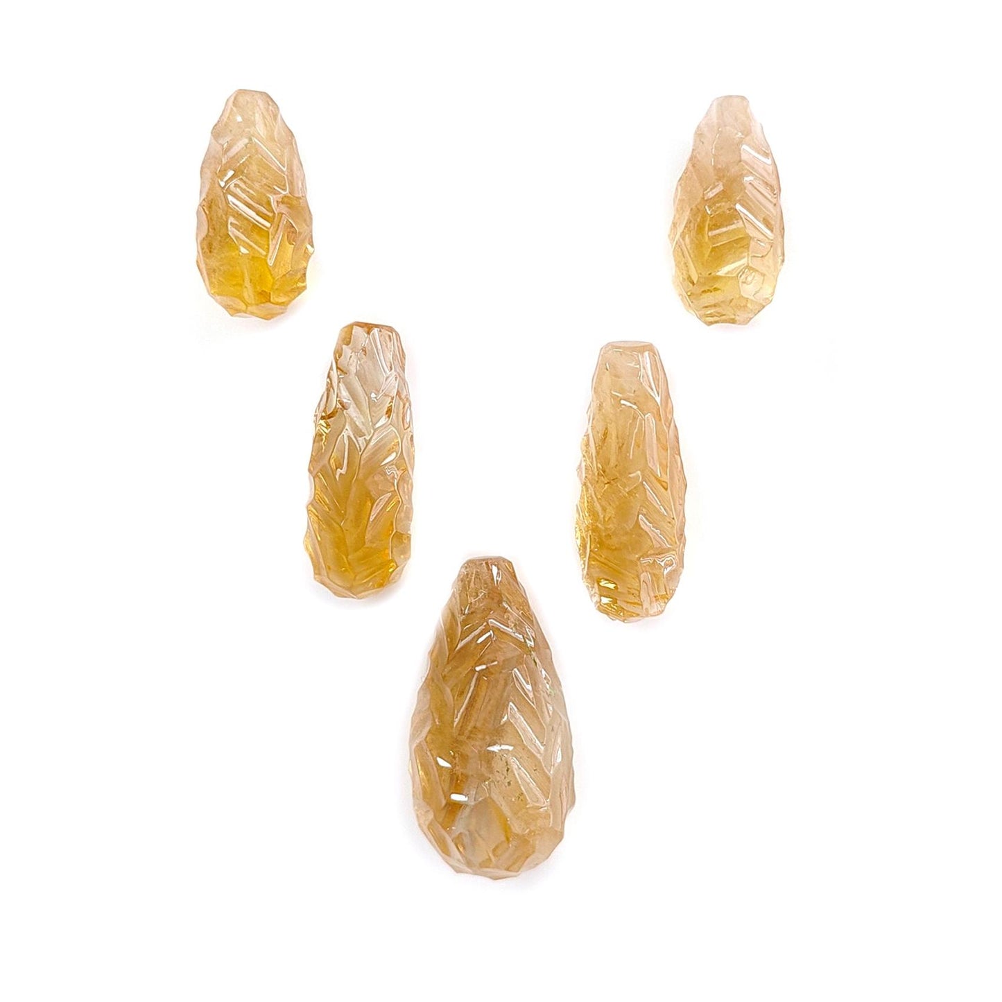 Citrine Gemstone Carving: 53.20cts Natural Untreated Yellow Citrine Hand Carved Teardrops Shape 16mm - 24mm 5pcs Set November Birthstone