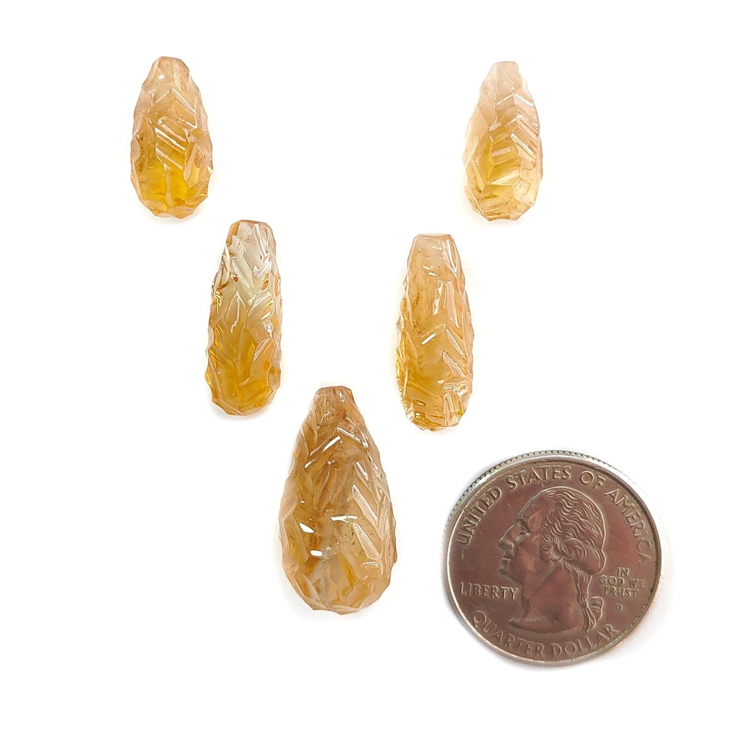 Citrine Gemstone Carving: 53.20cts Natural Untreated Yellow Citrine Hand Carved Teardrops Shape 16mm - 24mm 5pcs Set November Birthstone