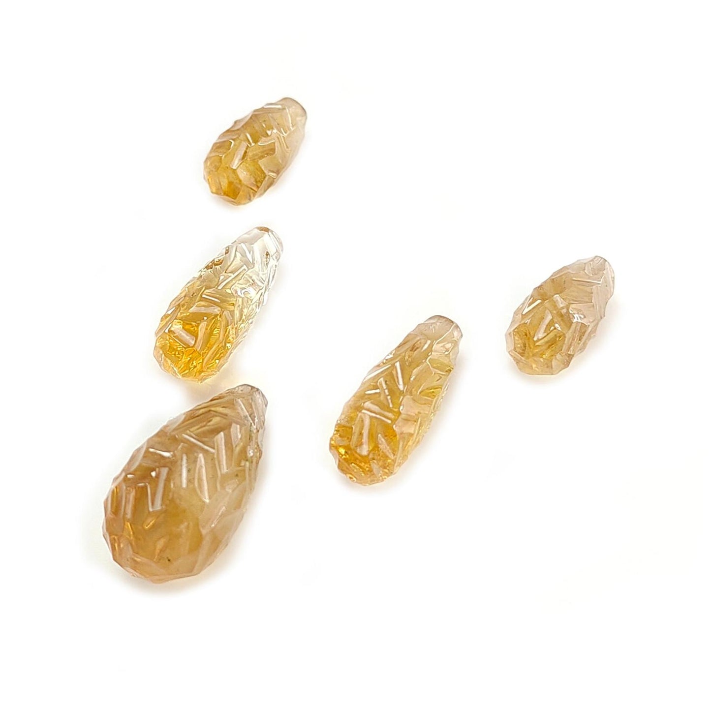 Citrine Gemstone Carving: 53.20cts Natural Untreated Yellow Citrine Hand Carved Teardrops Shape 16mm - 24mm 5pcs Set November Birthstone