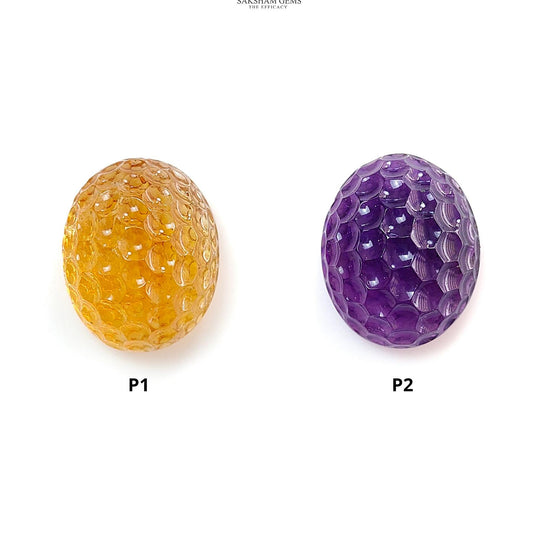 Citrine & Amethyst Quartz Gemstone Carving: Natural Untreated Unheated Yellow Citrine Purple Amethyst Hand Carved Oval Shape 1pc For Jewelry